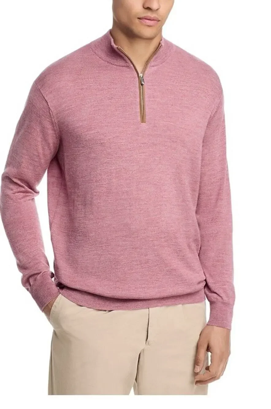 Peter Millar Autumn Crest Suede Trim Wool Quarter Zip Sweater Dusty Rose Mens S